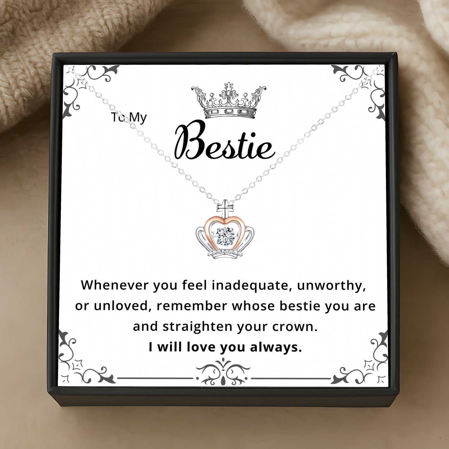 Bestie Gift Necklace – Elegant Crown Pendant Friendship Jewellery for Best Friend with Message Card in Gift Box