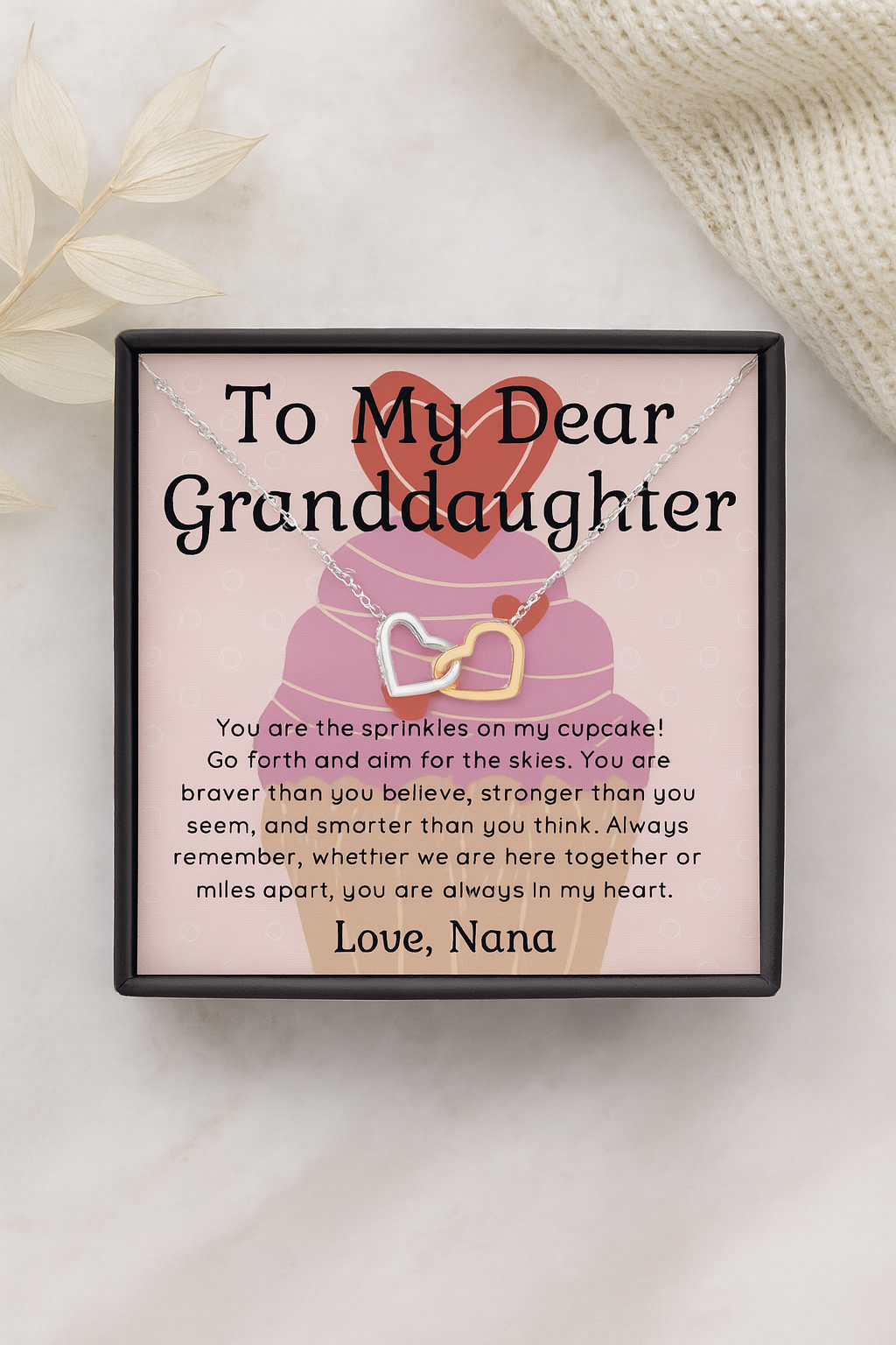 Granddaughter Necklace Gift from Nana – Interlocking Hearts Pendant with Message Card