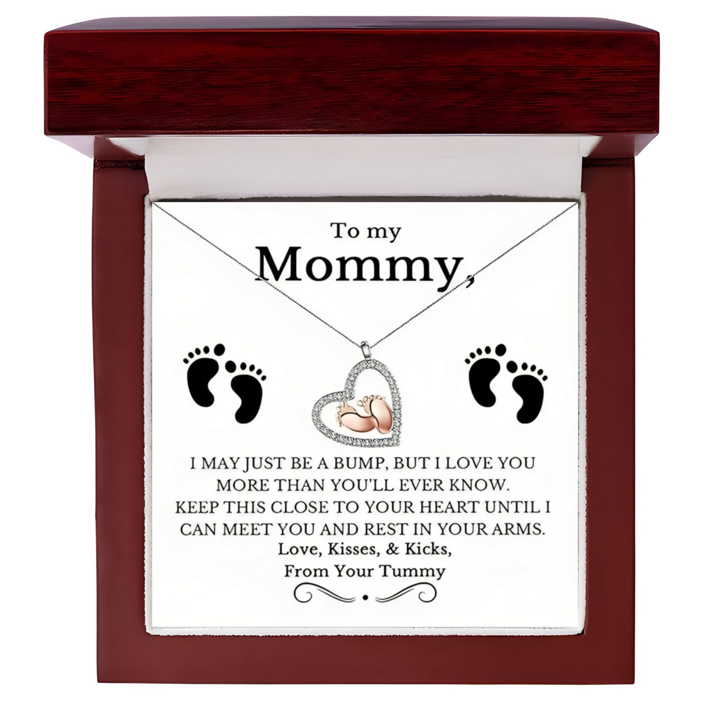 To My Mommy Baby Feet Heart Luxury Necklace In Mahogany Style LED Gift Box