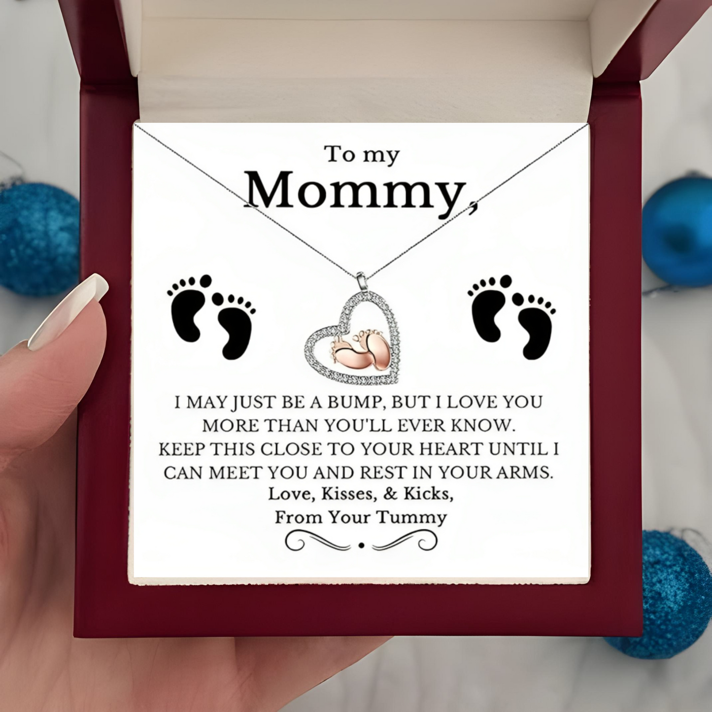 To My Mommy Baby Feet Heart Luxury Necklace In Mahogany Style LED Gift Box