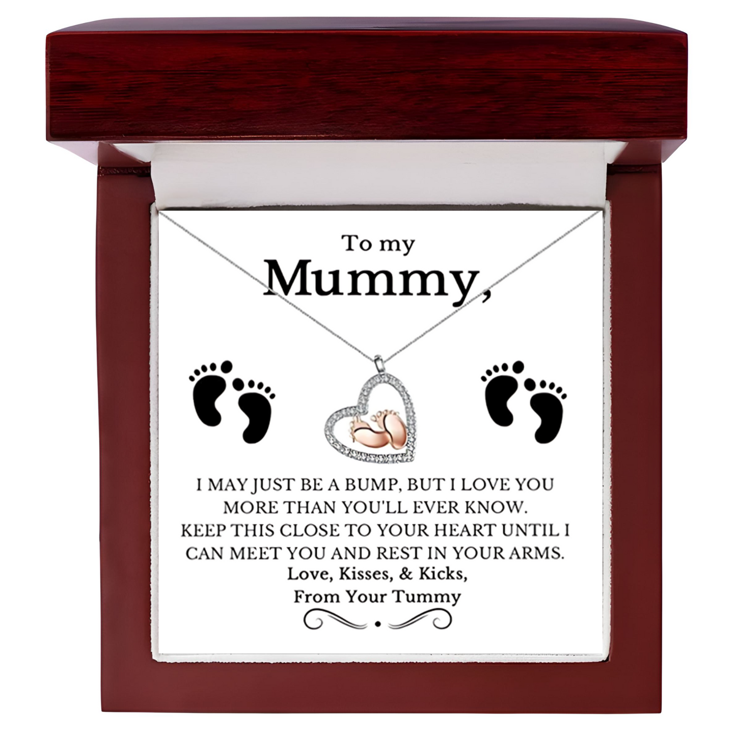 To My Mummy Baby Feet Heart Luxury Necklace In Mahogany Style LED Gift Box