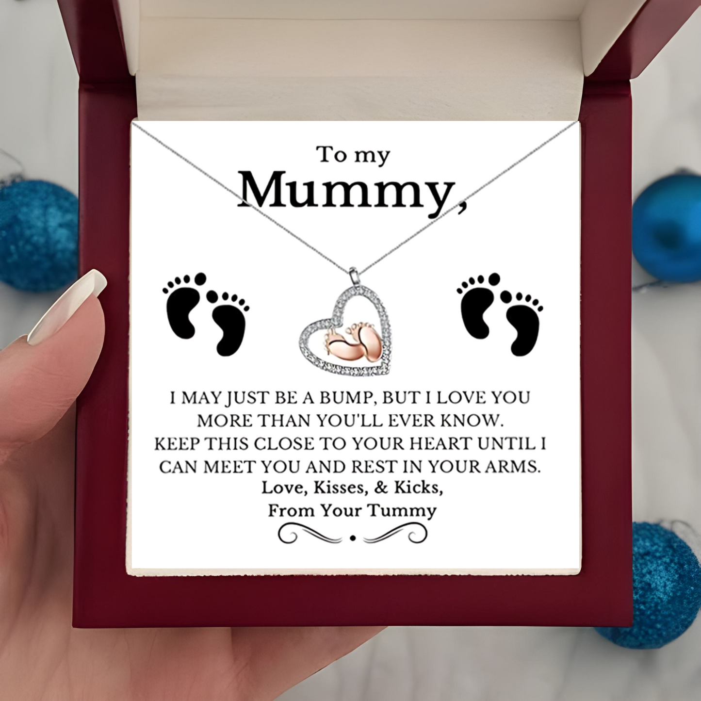 To My Mummy Baby Feet Heart Luxury Necklace In Mahogany Style LED Gift Box
