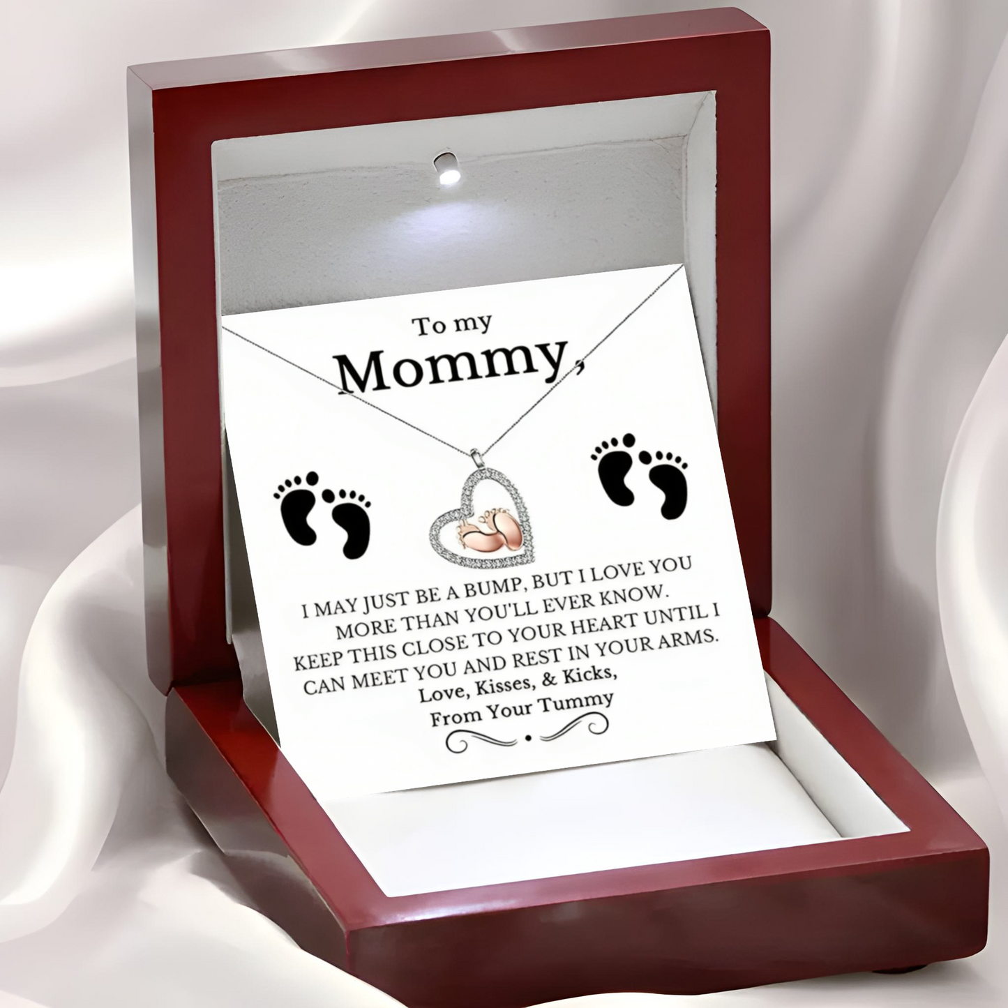 To My Mommy Baby Feet Heart Luxury Necklace In Mahogany Style LED Gift Box