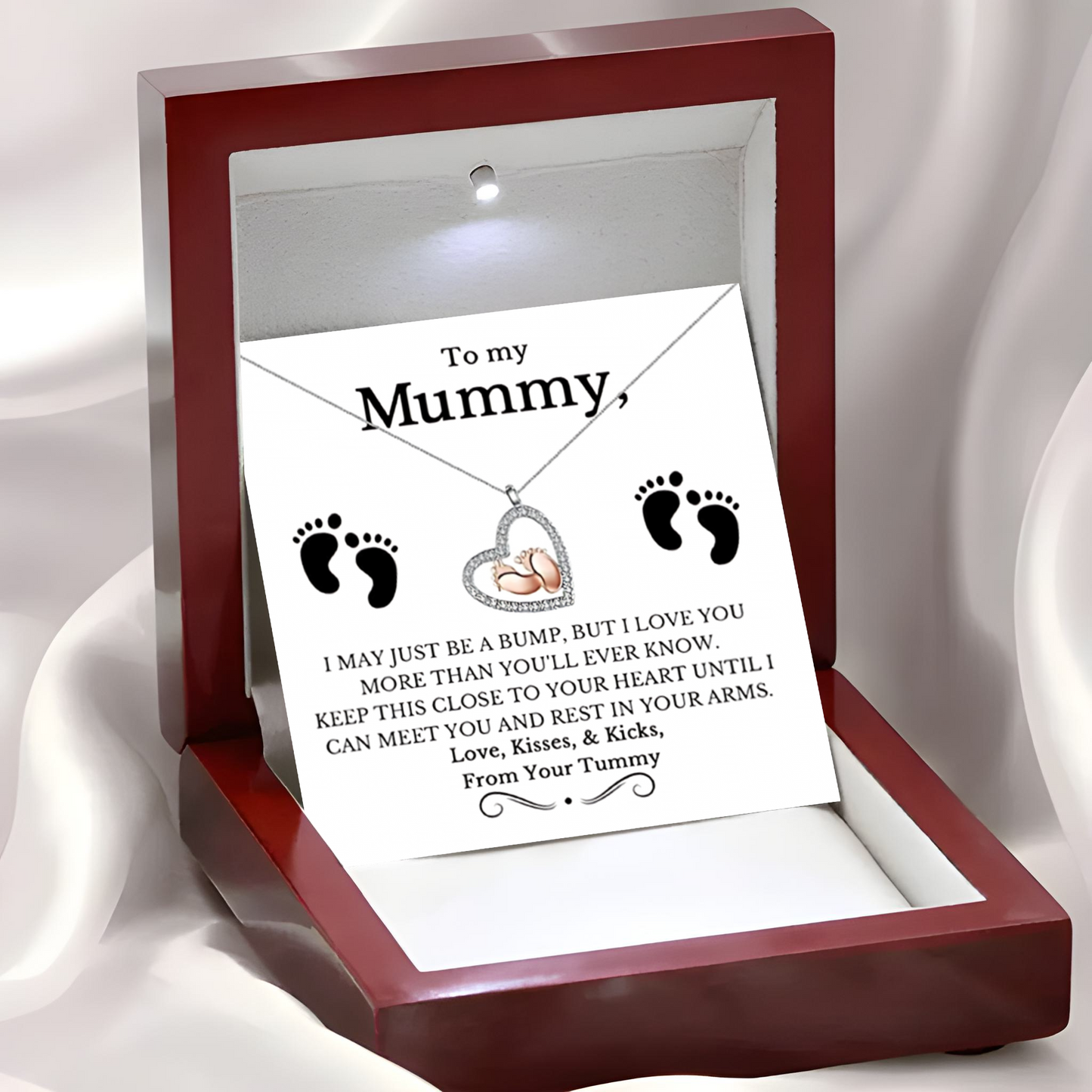 To My Mummy Baby Feet Heart Luxury Necklace In Mahogany Style LED Gift Box