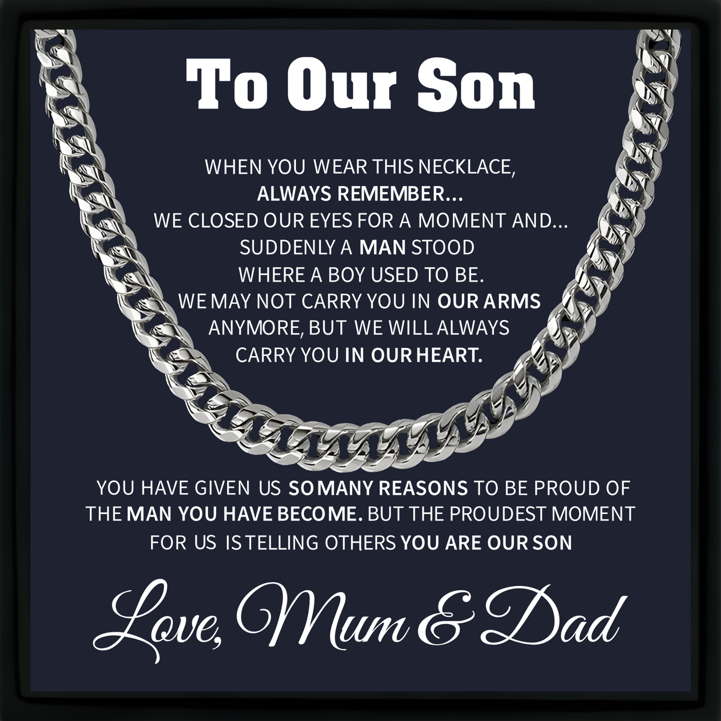 To Our Son Cuban Chain Necklace – Gift from Mum and Dad with Message Card and Gift Box