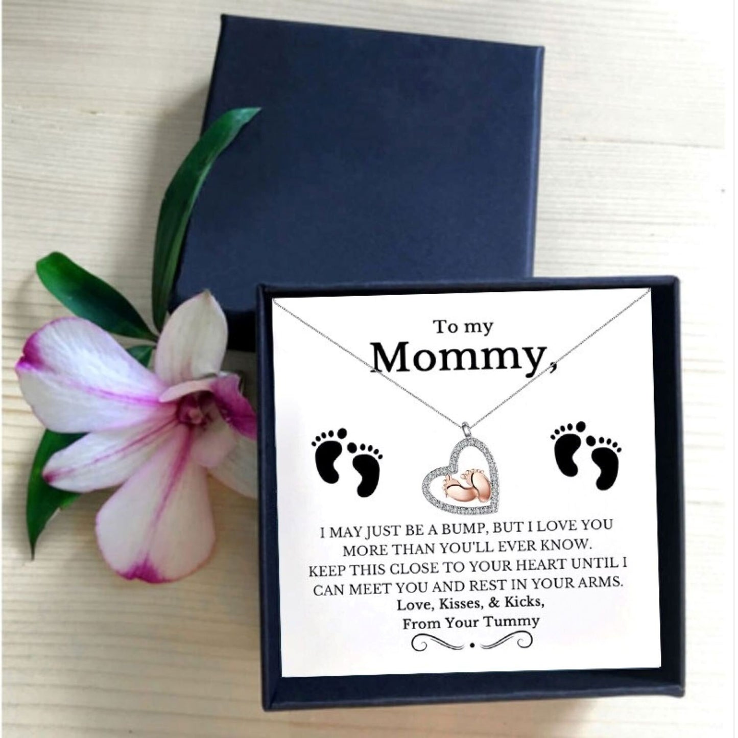 To My Mommy Baby Feet Heart Silver Necklace