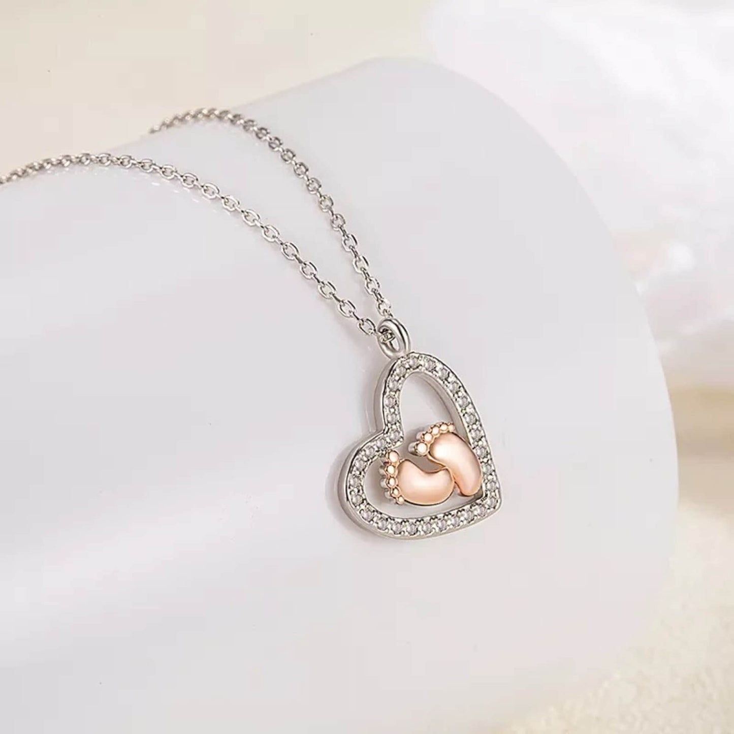To My Mommy Baby Feet Heart Silver Necklace