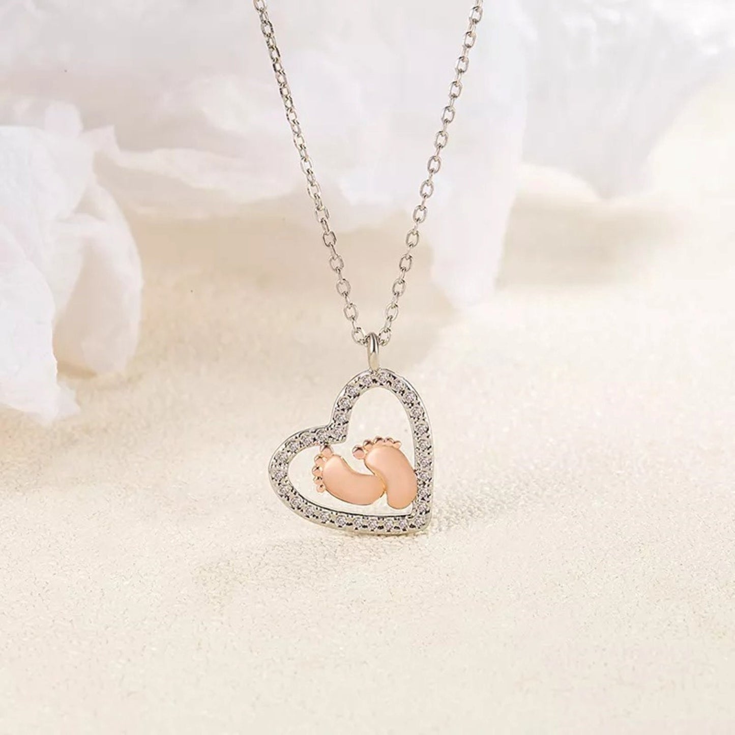 To My Mommy Baby Feet Heart Silver Necklace