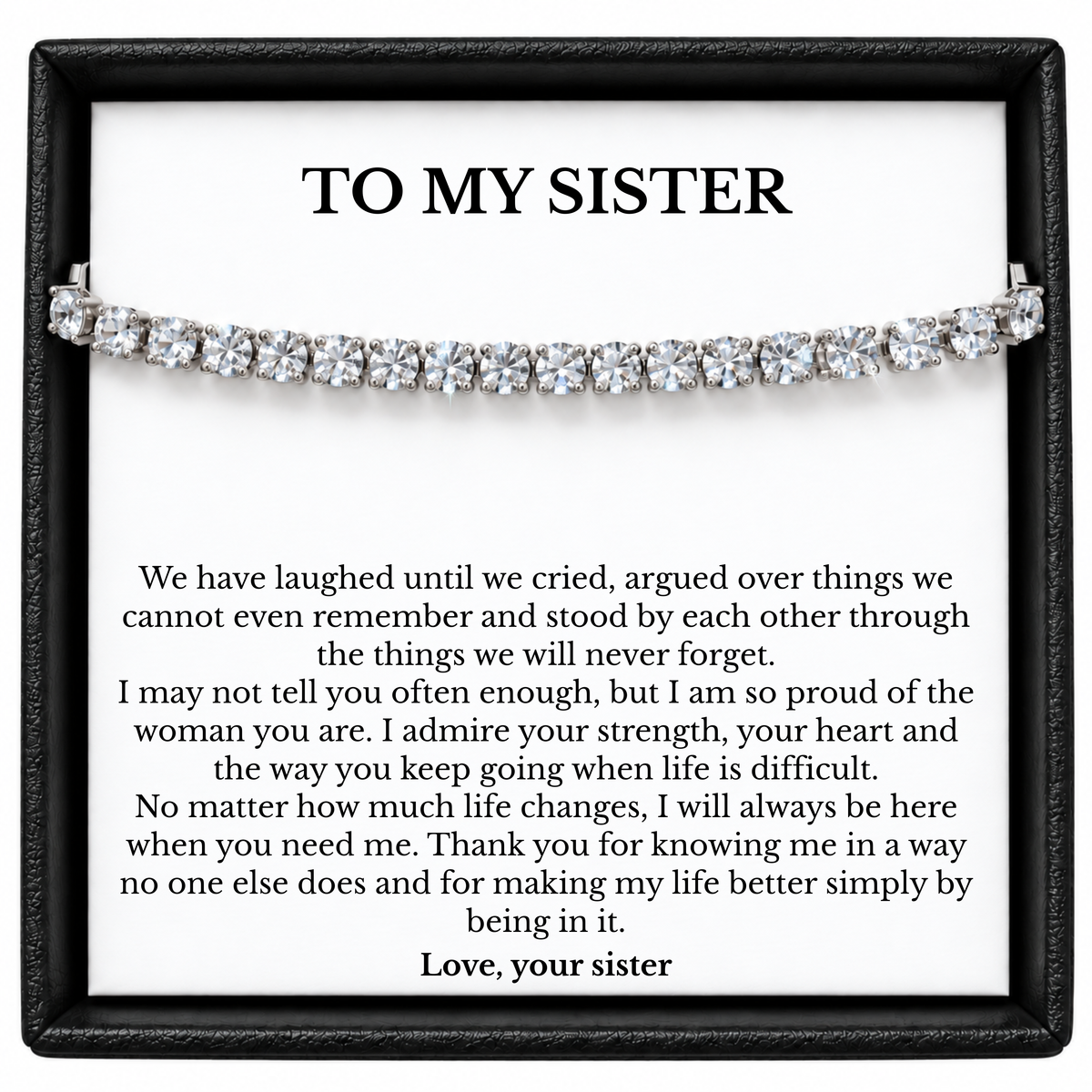Gifted Happiness tennis bracelet displayed across a To My Sister message card in a black gift box.