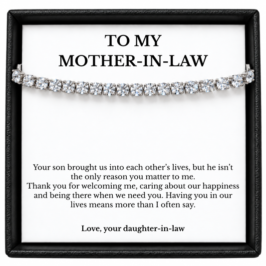 Silver-tone tennis bracelet in a black gift box with a white mother-in-law message card from her daughter-in-law.