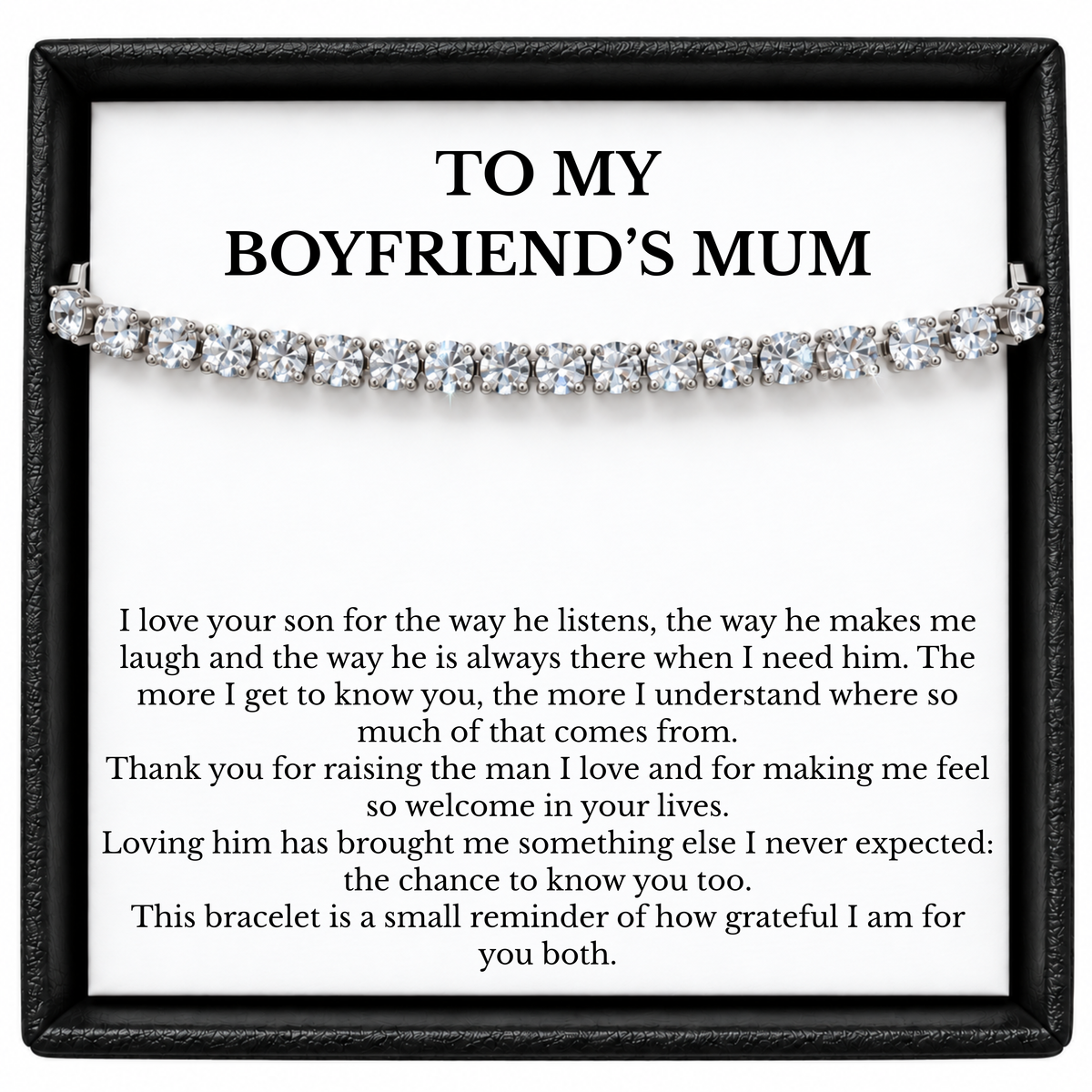 Adjustable tennis bracelet displayed on a white To My Boyfriend’s Mum message card inside a black gift box