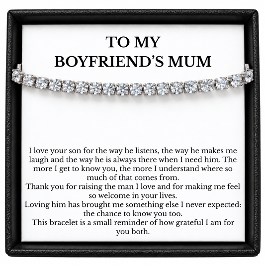 Adjustable tennis bracelet displayed on a white To My Boyfriend’s Mum message card inside a black gift box