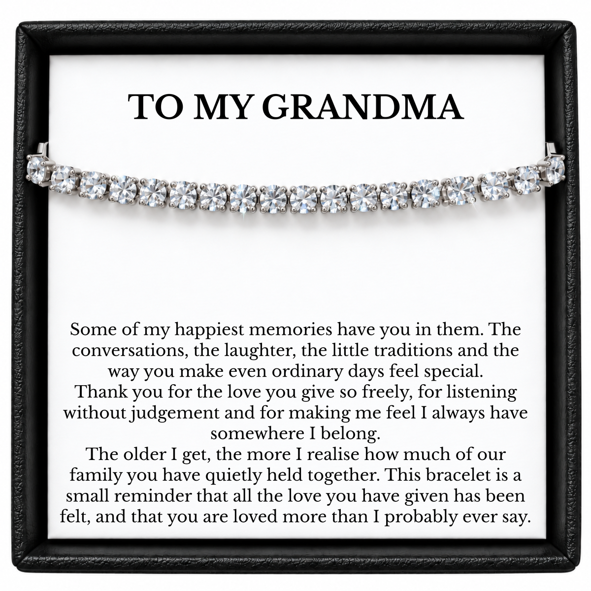Silver-colour Grandma tennis bracelet displayed across a To My Grandma message card inside a black gift box.