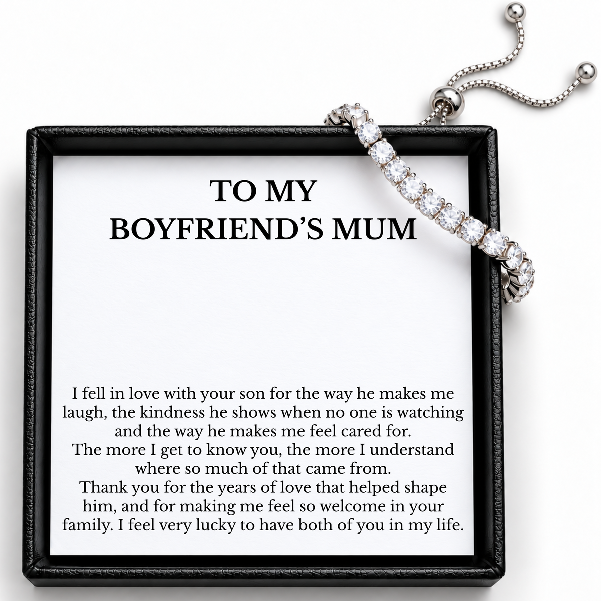 Boyfriend's mum tennis bracelet gift showing the printed message card, sliding adjuster and bead-ended chains.