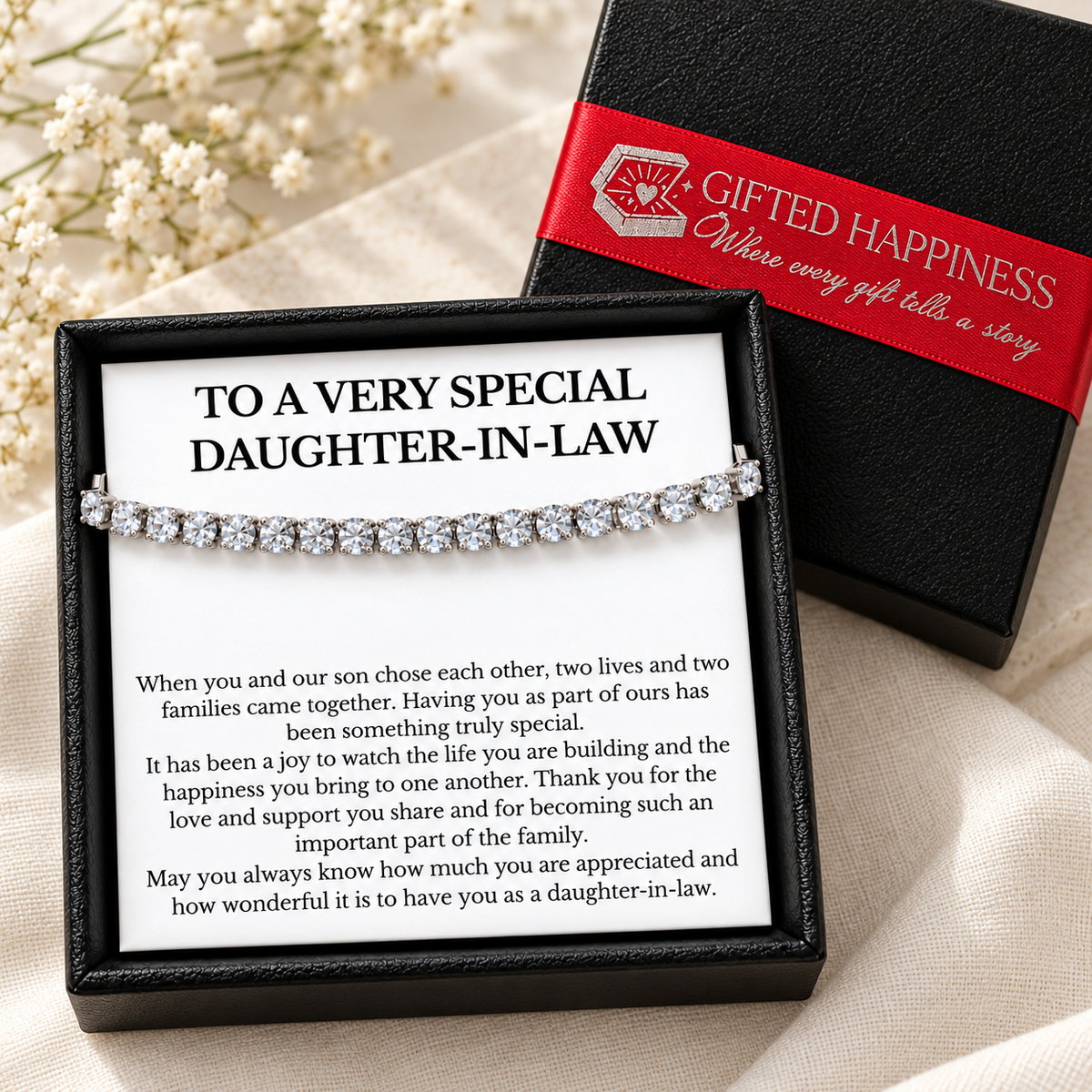 Daughter-in-law bracelet gift with a heartfelt message card, black gift box and red Gifted Happiness ribbon