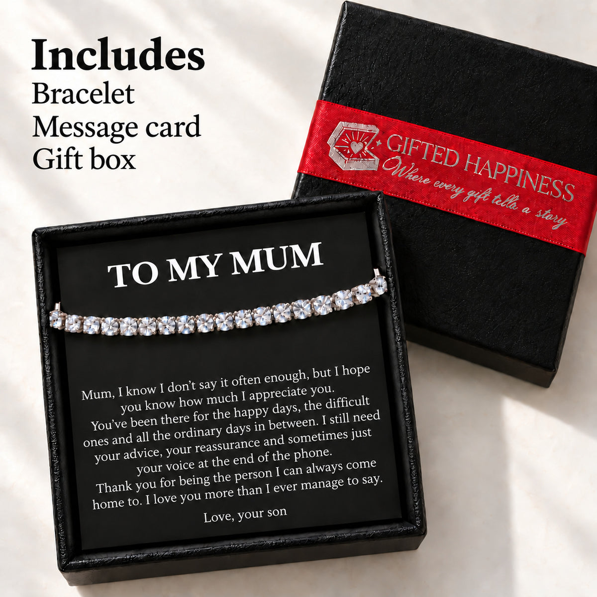 Tennis Bracelet for Mum from Son with Black Message Card