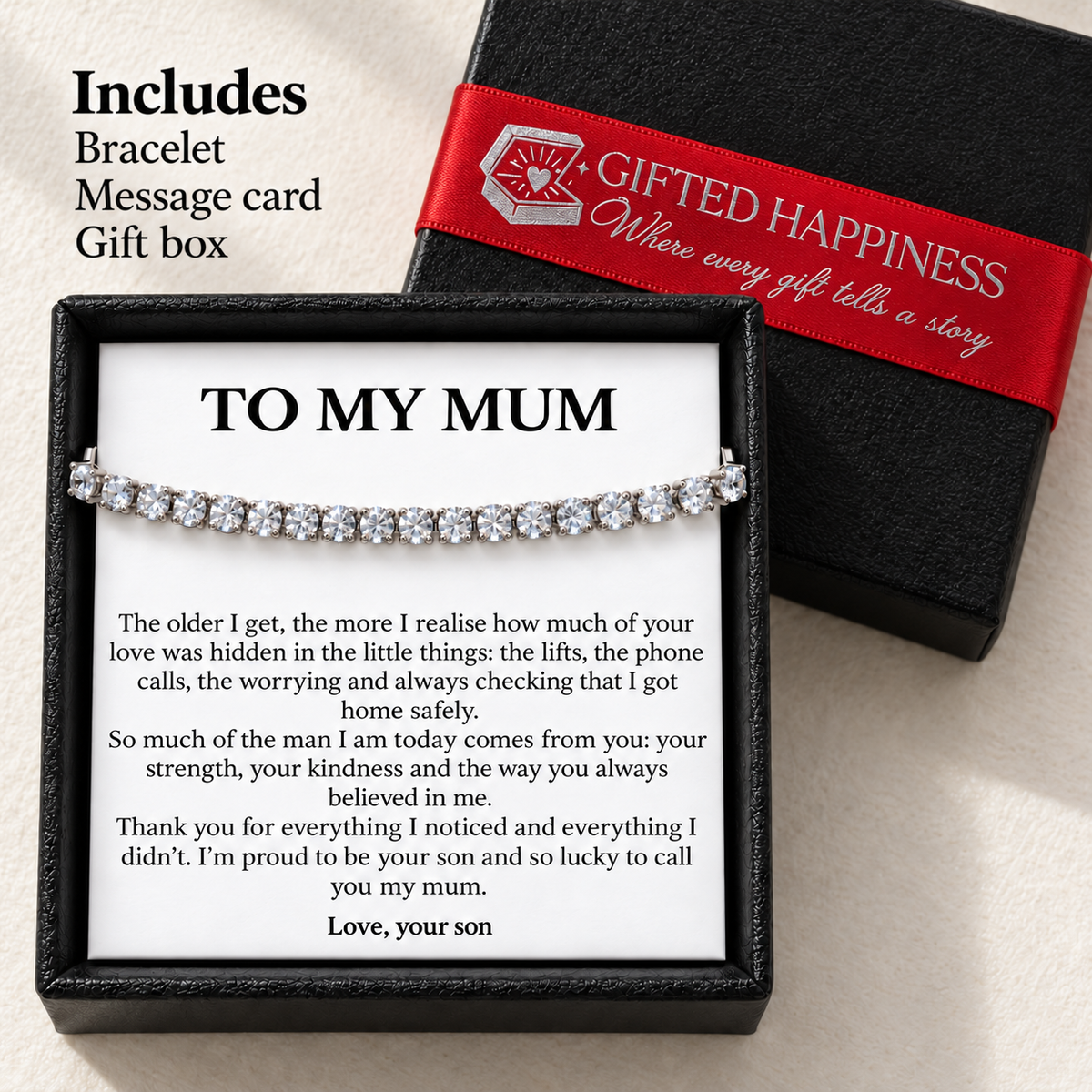 Mum Bracelet Gift from Son with Heartfelt Message Card