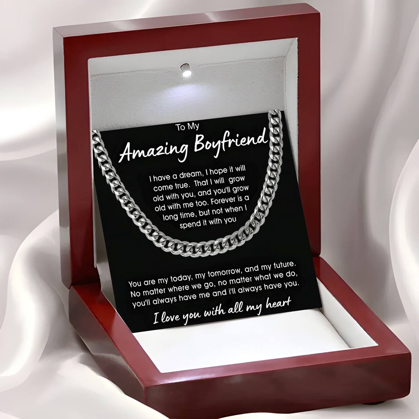 Gift for Boyfriend Luxury Men's Cuban Link Chain Necklace with LED Gift Box and Romantic Card