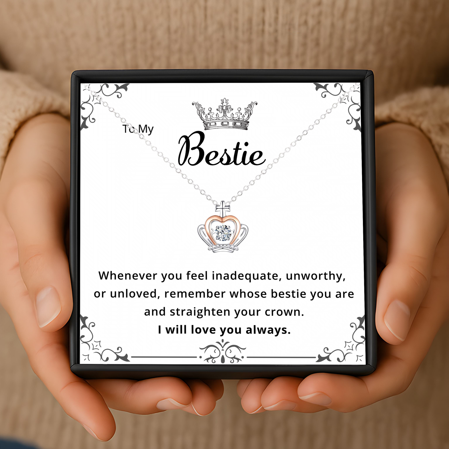 Bestie Gift Necklace – Elegant Crown Pendant Friendship Jewellery for Best Friend with Message Card in Gift Box