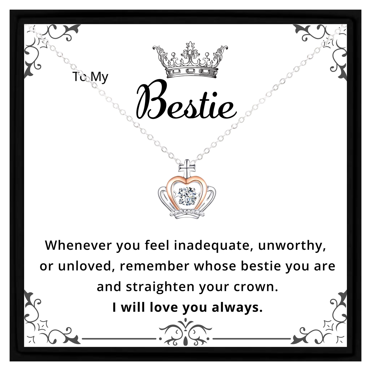 Bestie Gift Necklace – Elegant Crown Pendant Friendship Jewellery for Best Friend with Message Card in Gift Box