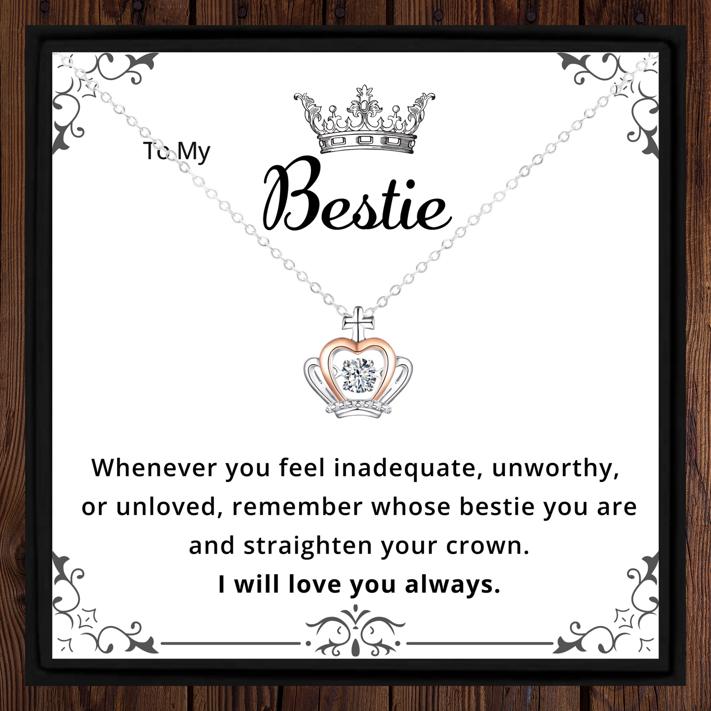 Bestie Gift Necklace – Elegant Crown Pendant Friendship Jewellery for Best Friend with Message Card in Gift Box