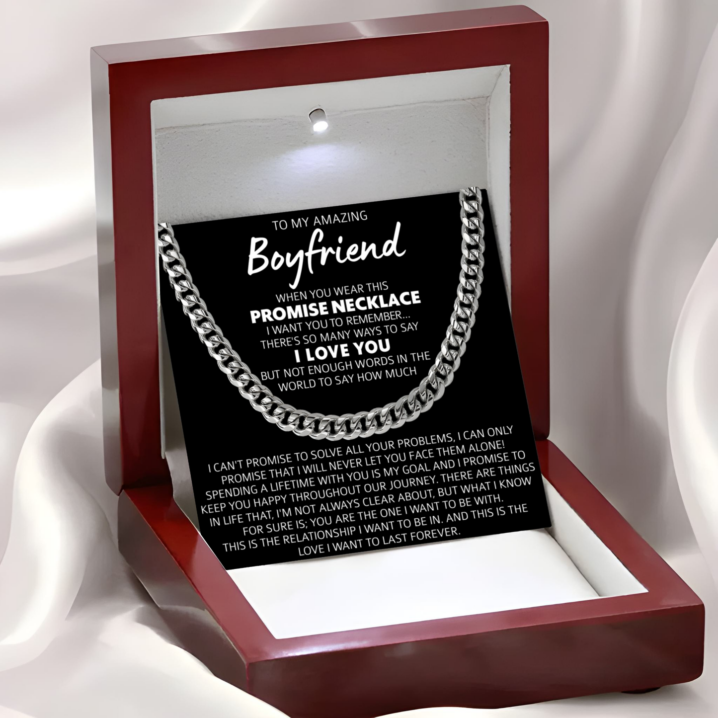 Promise Necklace for Boyfriend Luxury Men's Cuban Link Chain Necklace with LED Gift Box and Romantic Card