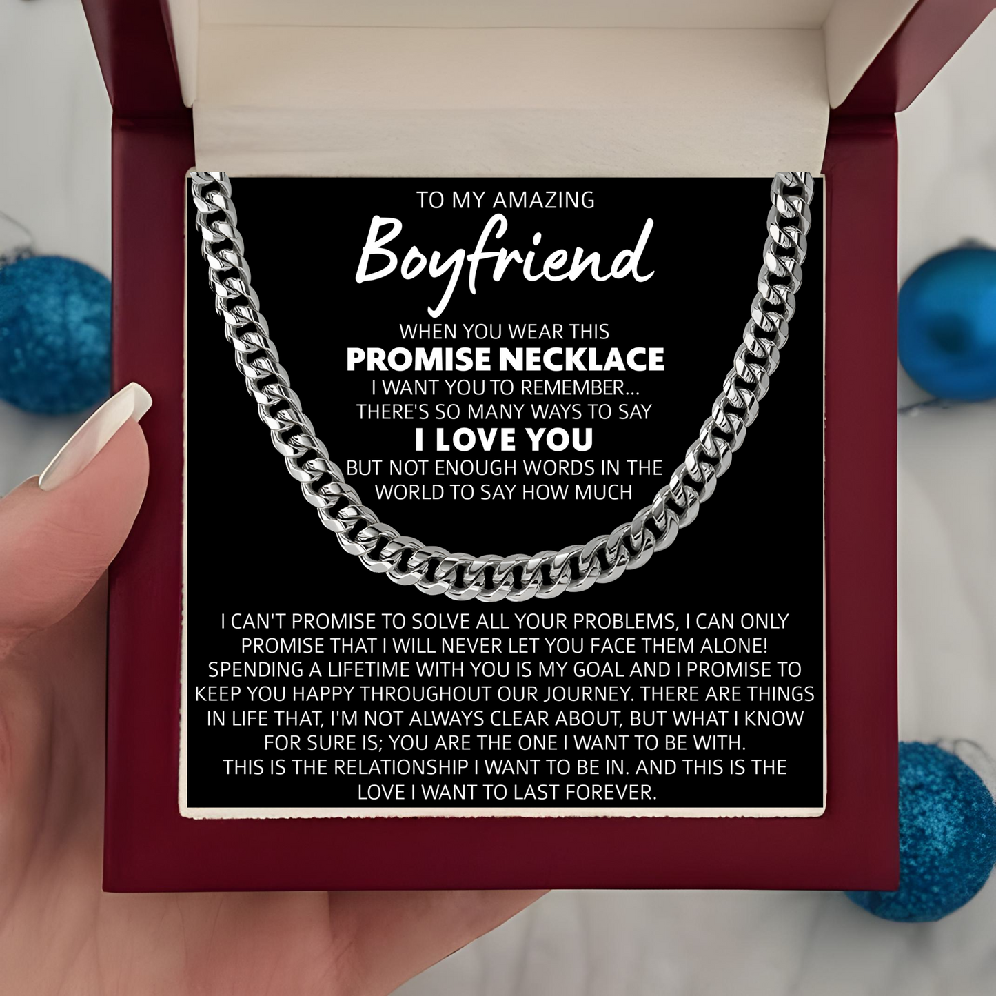 Promise Necklace for Boyfriend Luxury Men's Cuban Link Chain Necklace with LED Gift Box and Romantic Card