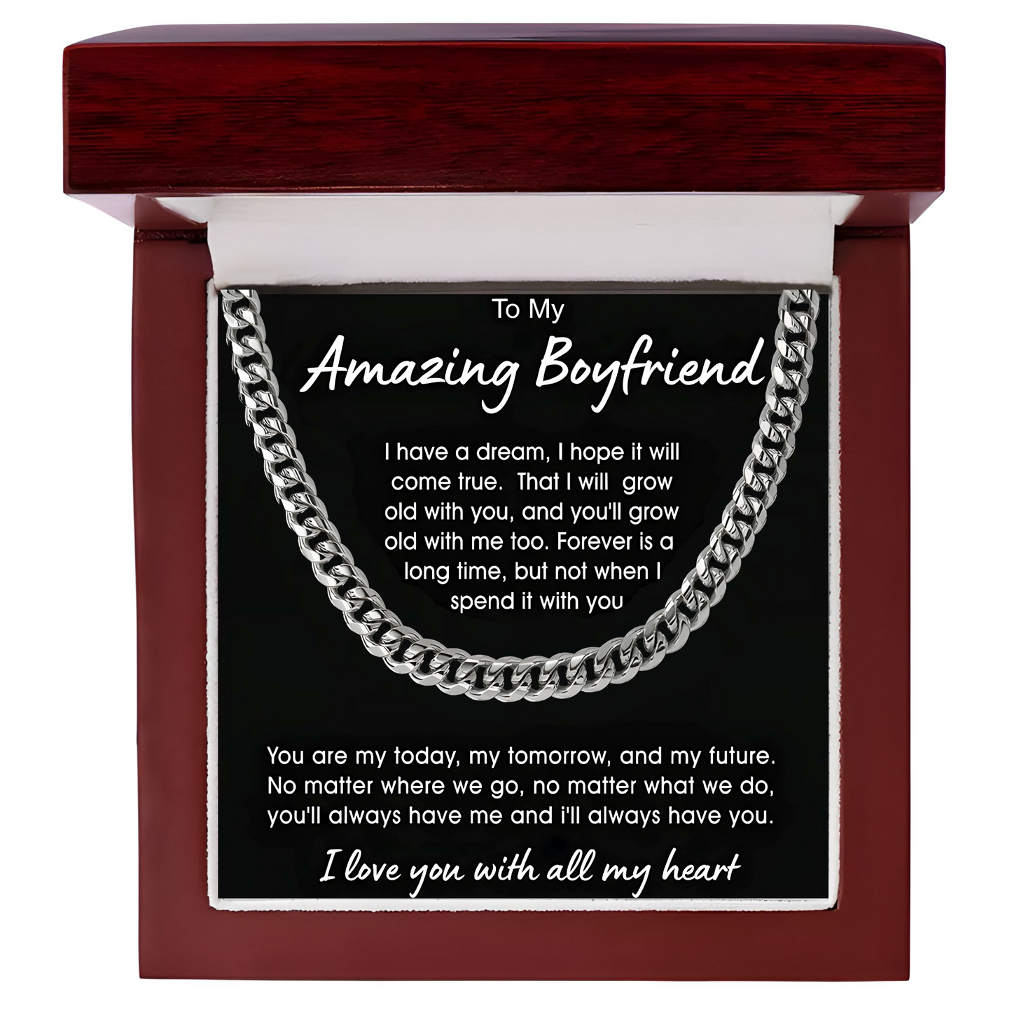 Gift for Boyfriend Luxury Men's Cuban Link Chain Necklace with LED Gift Box and Romantic Card