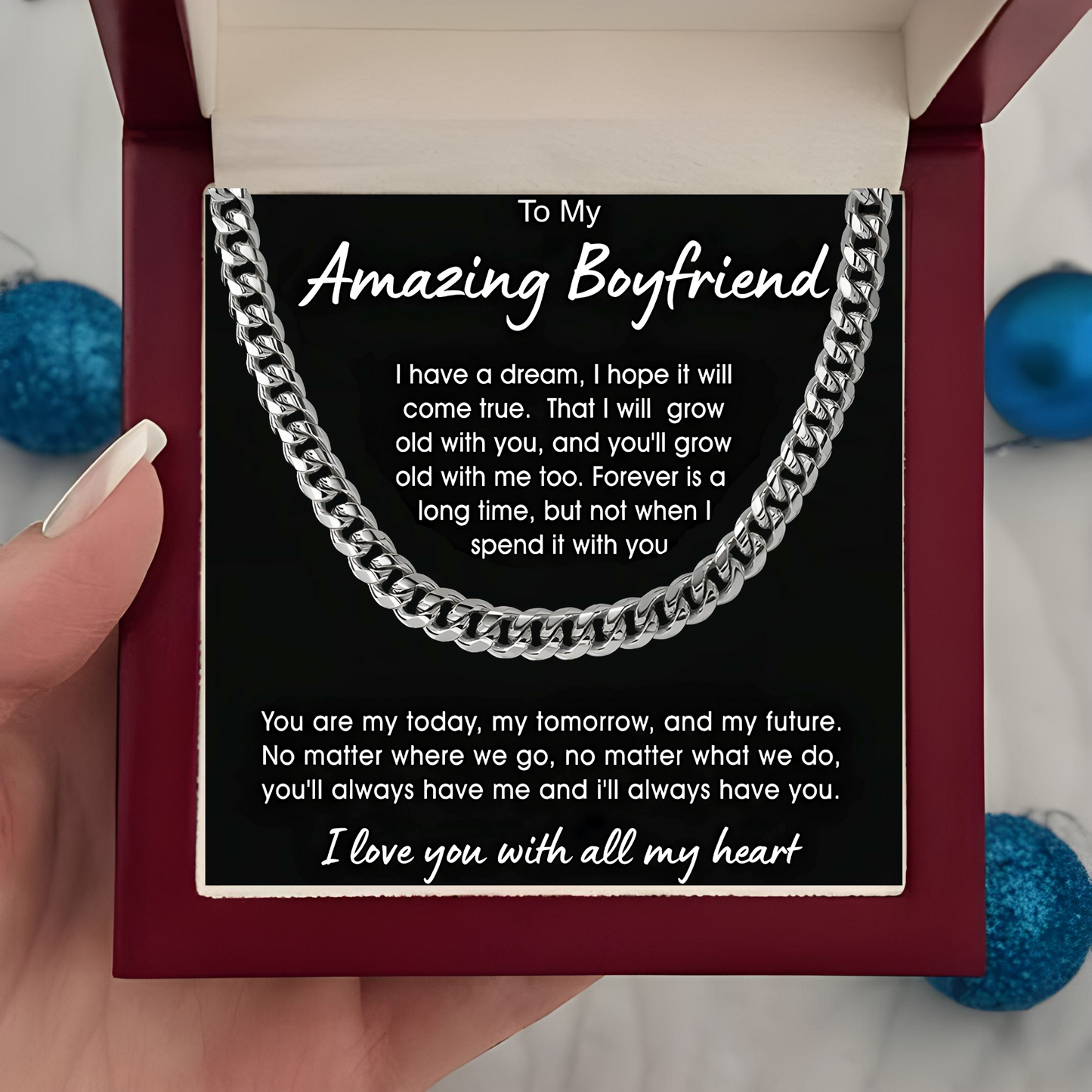 Gift for Boyfriend Luxury Men's Cuban Link Chain Necklace with LED Gift Box and Romantic Card