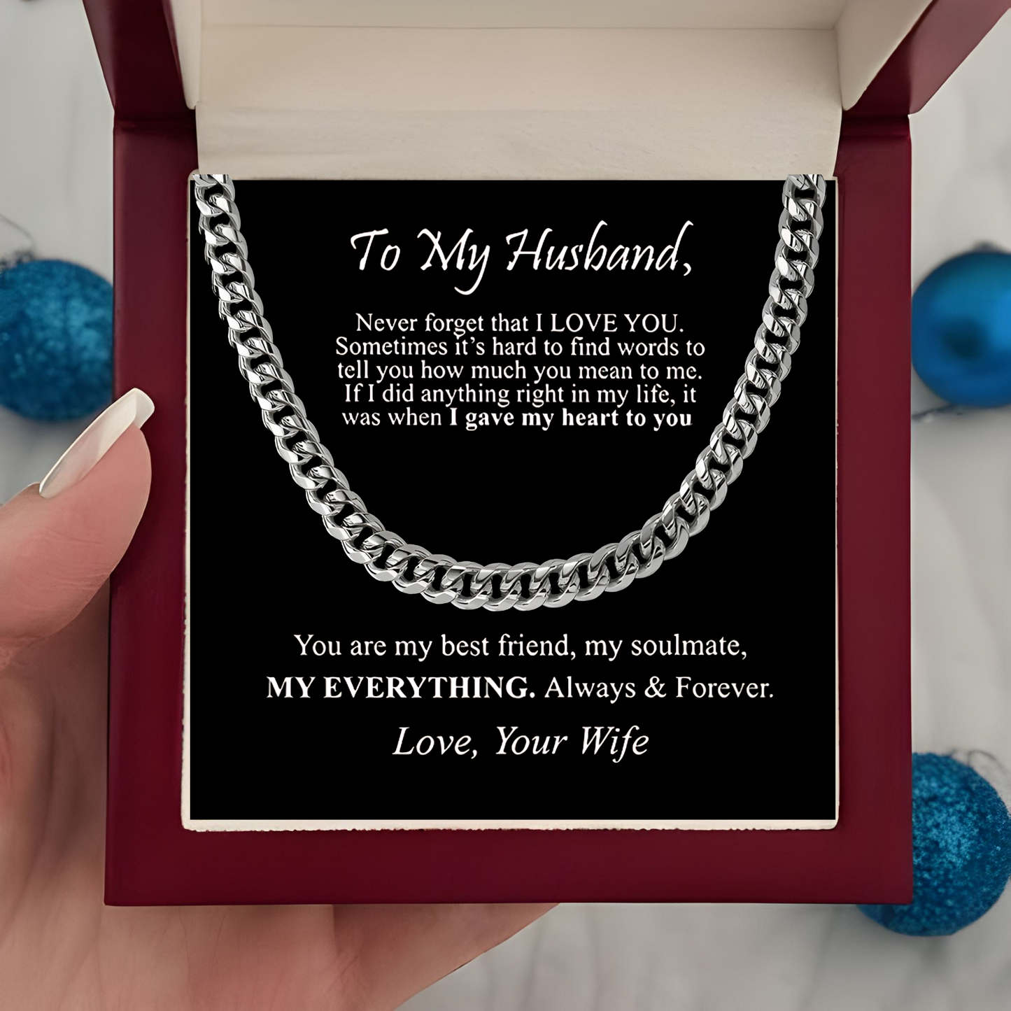 Gift for Husband Luxury Men's Cuban Link Chain Necklace with LED Gift Box and Romantic Card