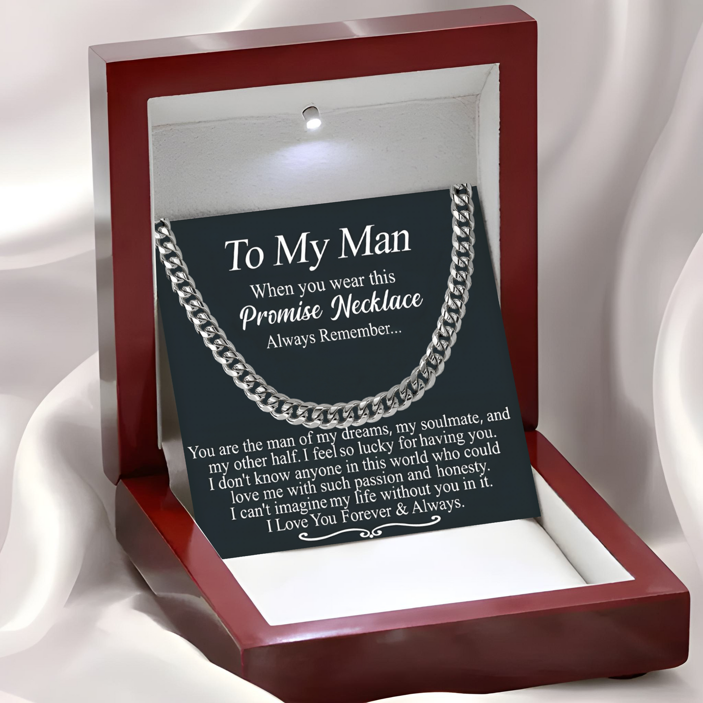 Promise Necklace for Him Luxury Men's Cuban Link Chain Necklace with LED Gift Box and Romantic Card