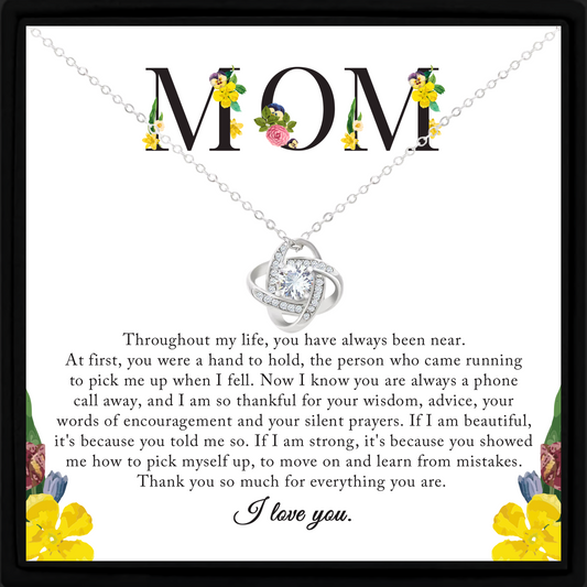 Mom Necklace Gift Love Knot Cubic Zirconia Pendant Jewellery with Message Card – Mother's Day, Birthday, Christmas Gift for Mum