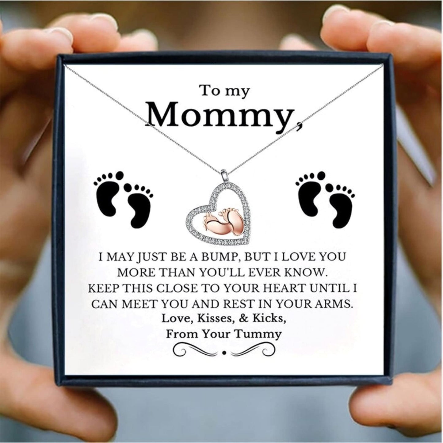 To My Mommy Baby Feet Heart Silver Necklace