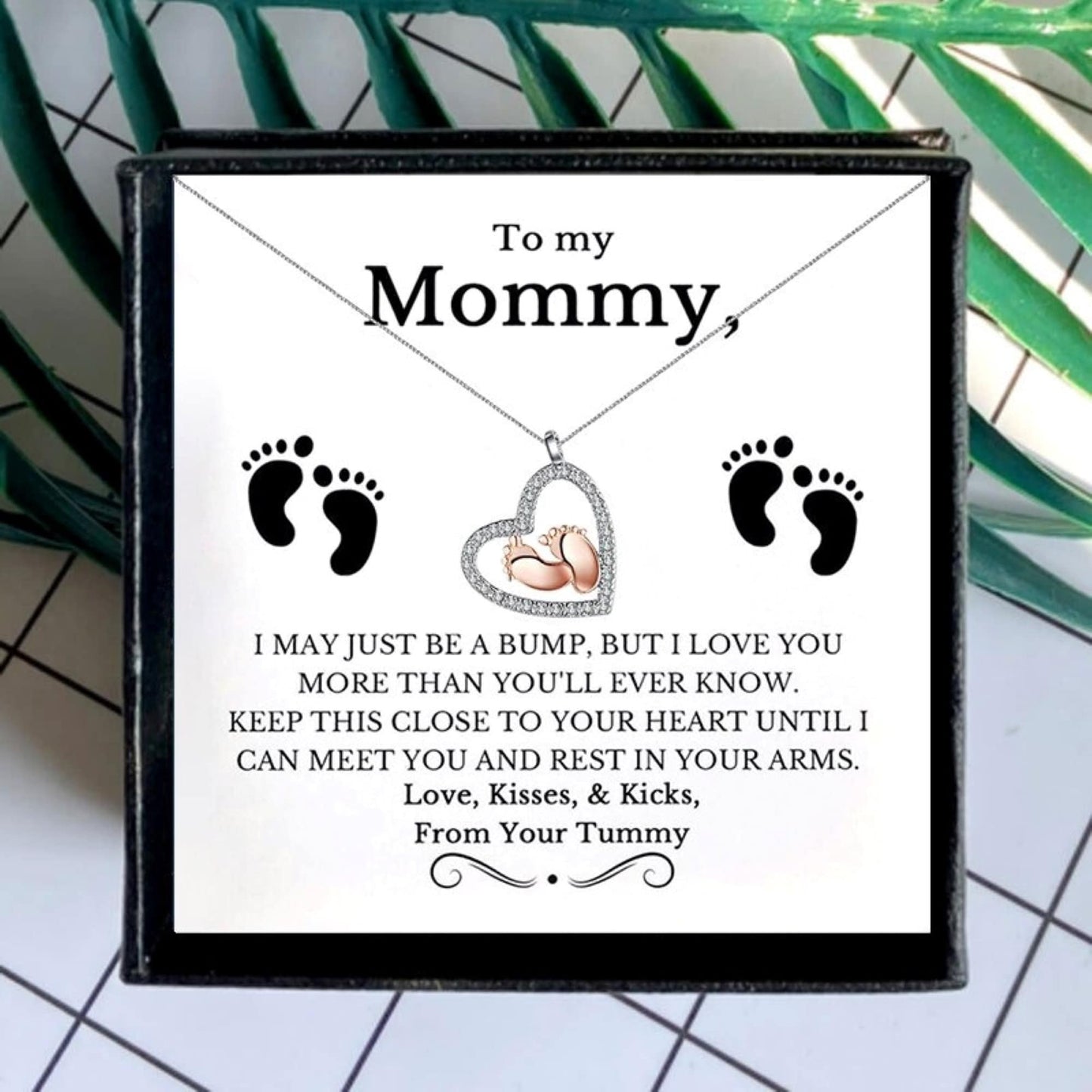 To My Mommy Baby Feet Heart Silver Necklace